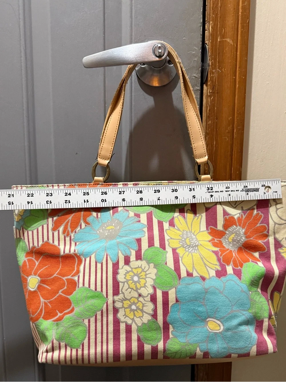 Vintage Y2K Tommy Hilfiger-Floral Stripe Canvas Tote Bag in Multicolor
